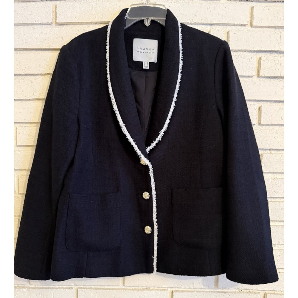 Susan Graver Women Blazer Jacket Sz 14 Tweed Shawl Collar Buttons - Black